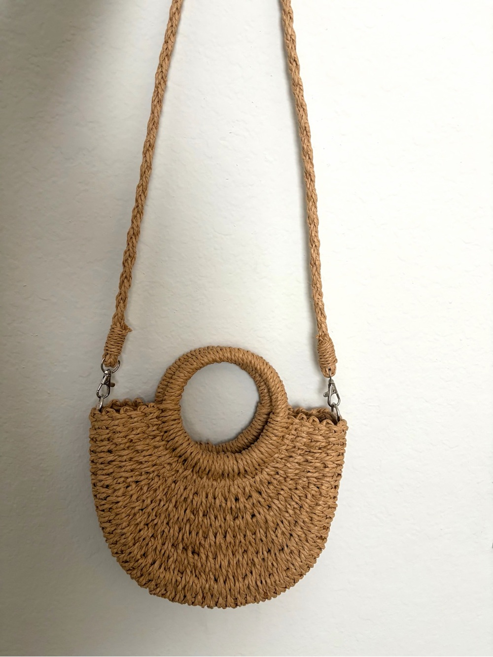 Woven Round-Handle Straw Crossbody Bag in Natural Tan